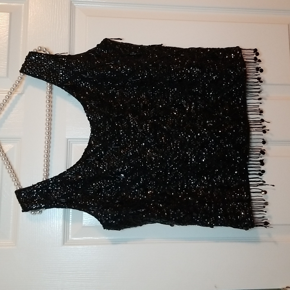 Womens Black Sequins Vintage Sleeveless Tassle Top